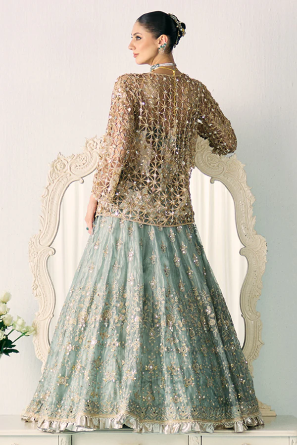 Aqua Green Tissue & Net Cutdana Embroidered Jacket Bridal Lehenga Set by Sanya Gulati at Pernia's Pop Up Shop