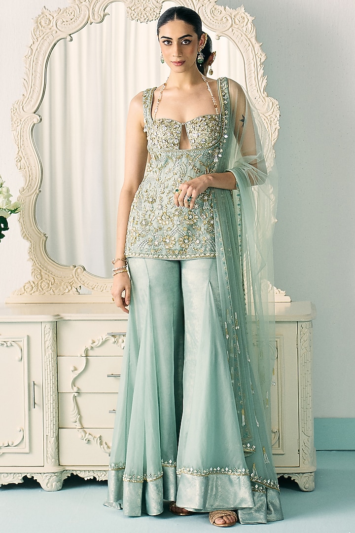 Aqua Green Organza Bridal Sharara Set by Sanya Gulati at Pernia's Pop Up Shop