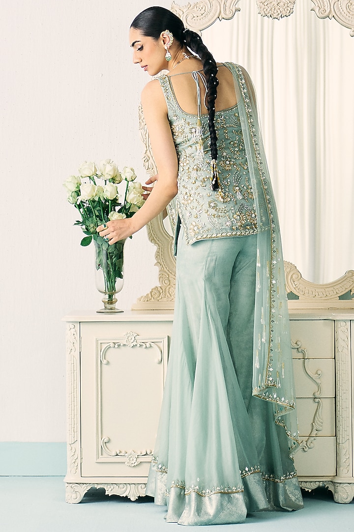 Aqua Green Organza Bridal Sharara Set by Sanya Gulati at Pernia's Pop Up Shop