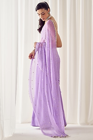 Lilac Chiffon Pearl Embellished Draped Saree Set by Sanya Gulati
