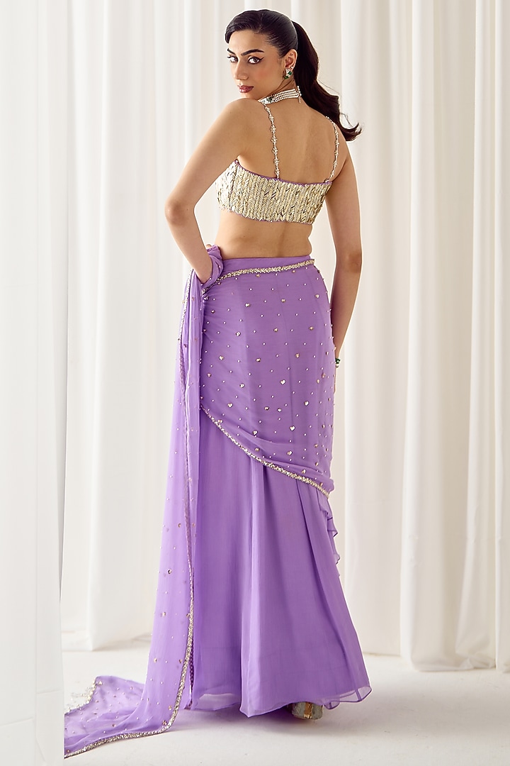 Lilac Chiffon Pearl Embellished Draped Wedding Saree Set by Sanya Gulati at Pernia's Pop Up Shop