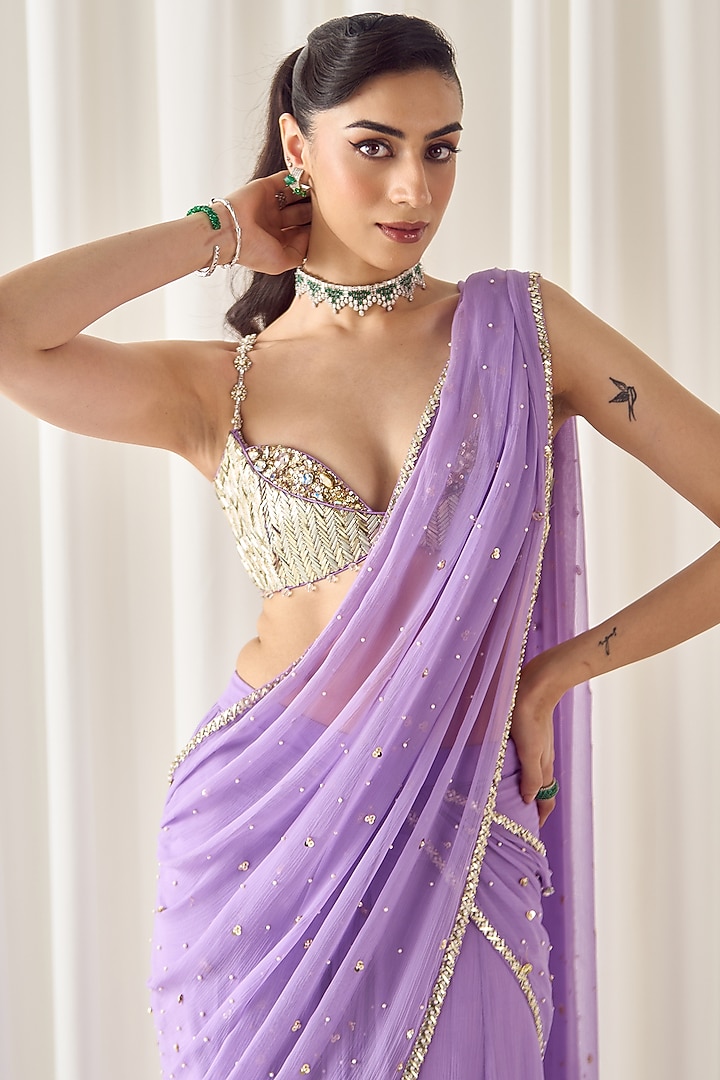 Lilac Chiffon Pearl Embellished Draped Wedding Saree Set by Sanya Gulati at Pernia's Pop Up Shop
