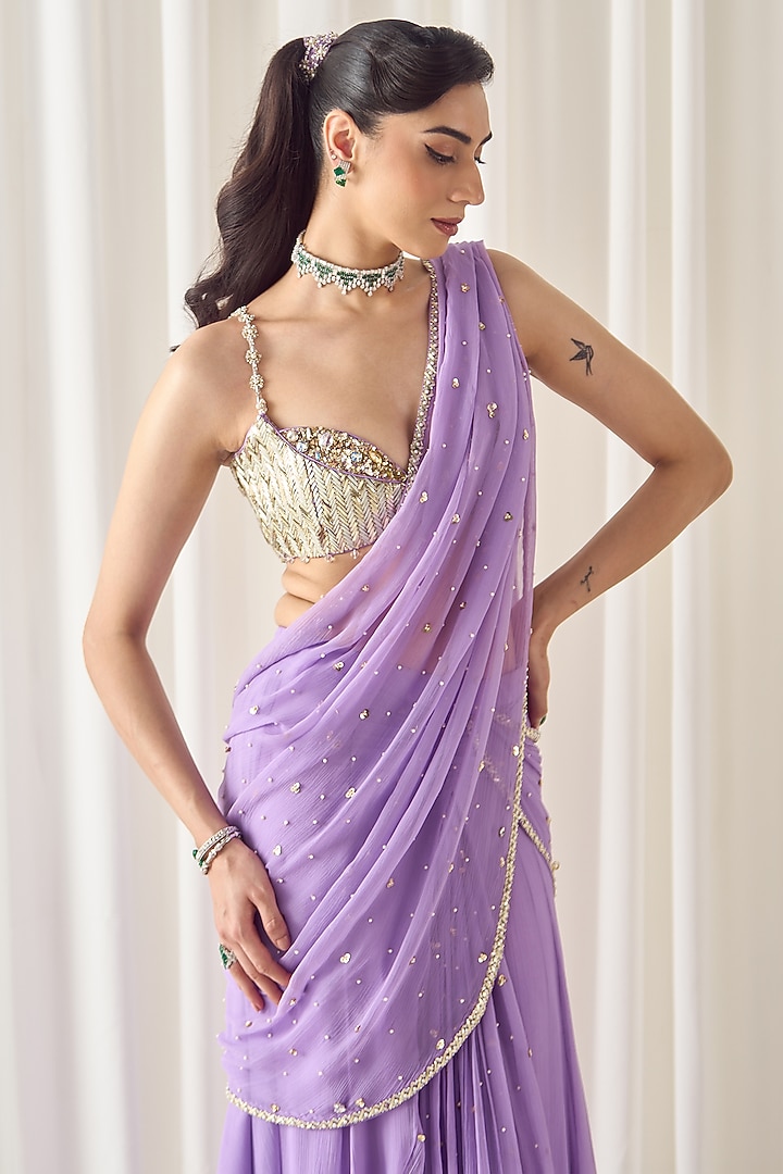 Lilac Chiffon Pearl Embellished Draped Wedding Saree Set by Sanya Gulati at Pernia's Pop Up Shop