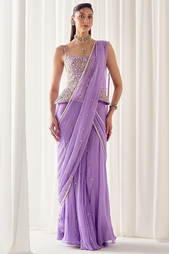 Lilac Chiffon Pearl Embellished Draped Reception Saree Set by Sanya Gulati at Pernia's Pop Up Shop