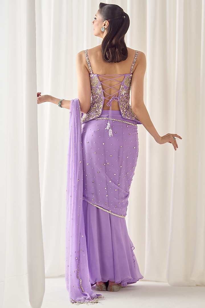 Lilac Chiffon Pearl Embellished Draped Reception Saree Set by Sanya Gulati at Pernia's Pop Up Shop