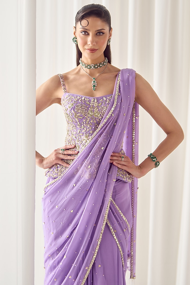 Lilac Chiffon Pearl Embellished Draped Reception Saree Set by Sanya Gulati at Pernia's Pop Up Shop