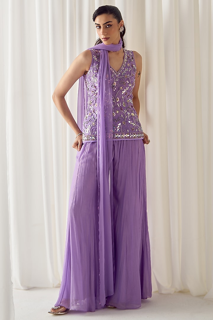 Lilac Organza & Shimmer Georgette Wedding Sharara Set by Sanya Gulati at Pernia's Pop Up Shop