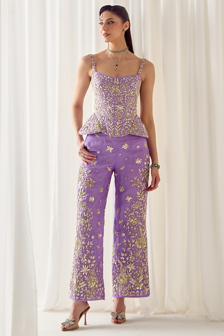 Lilac Organza Sequins Embroidered Pant Set by Sanya Gulati at Pernia's Pop Up Shop
