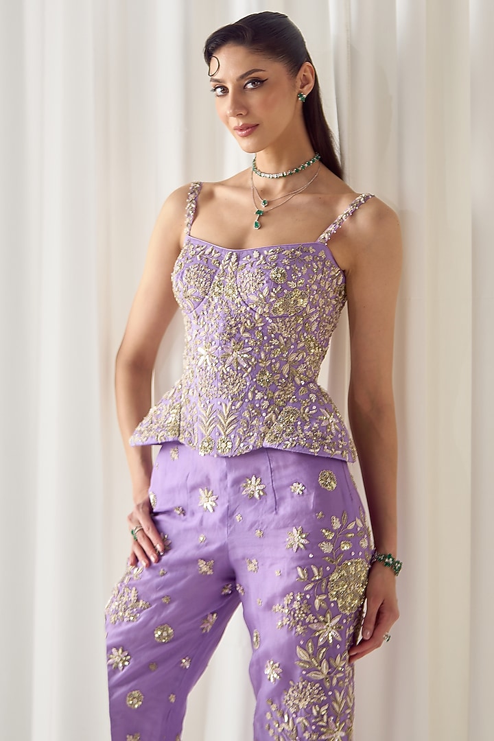 Lilac Organza Sequins Embroidered Pant Set by Sanya Gulati at Pernia's Pop Up Shop