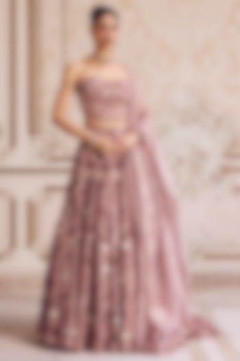 Champagne Rose Pure Silk Organza 3D Floral Hand Embroidered Bridal Lehenga Set by Sanya Gulati at Pernia's Pop Up Shop