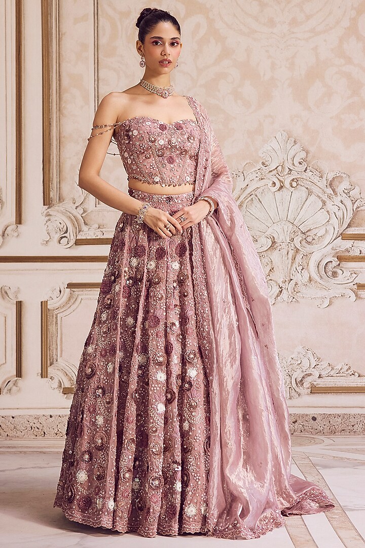 Champagne Rose Pure Silk Organza 3D Floral Hand Embroidered Bridal Lehenga Set by Sanya Gulati at Pernia's Pop Up Shop