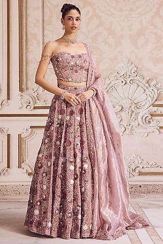 Champagne Rose Pure Silk Organza 3D Floral Hand Embroidered Lehenga Set by Sanya Gulati