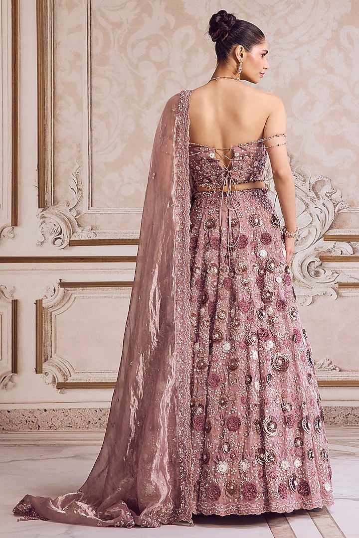 Champagne Rose Pure Silk Organza 3D Floral Hand Embroidered Bridal Lehenga Set by Sanya Gulati at Pernia's Pop Up Shop