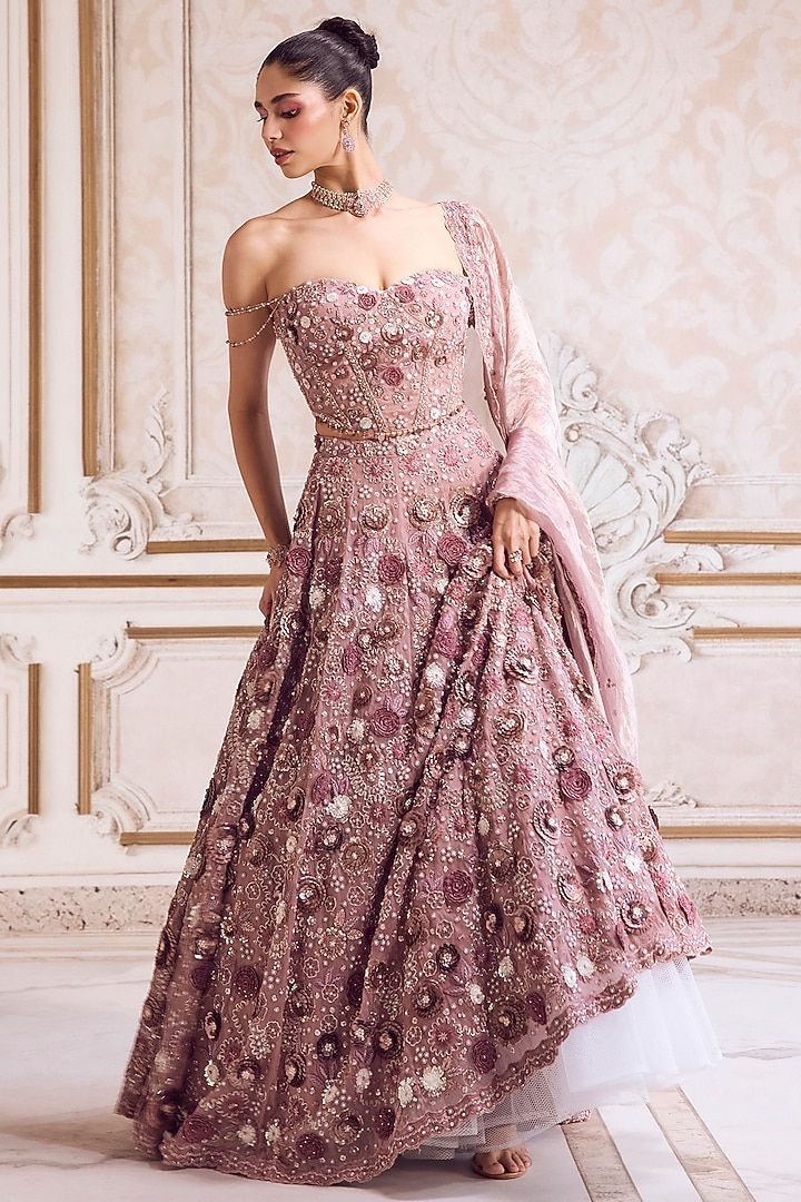 Champagne Rose Pure Silk Organza 3D Floral Hand Embroidered Bridal Lehenga Set by Sanya Gulati at Pernia's Pop Up Shop