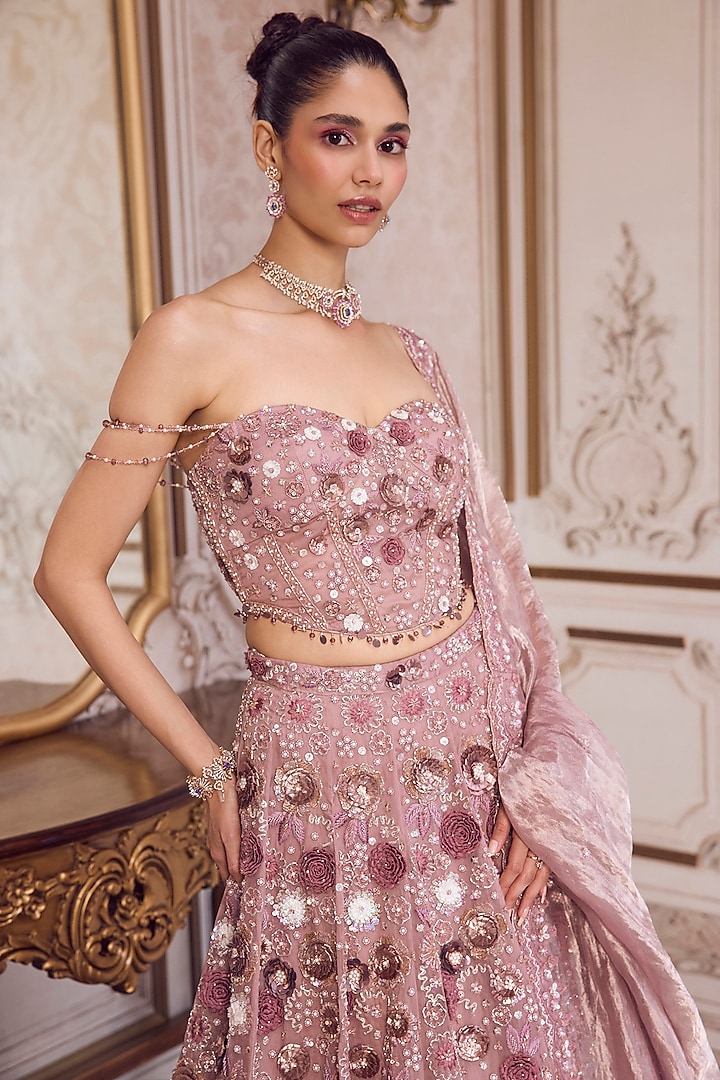 Champagne Rose Pure Silk Organza 3D Floral Hand Embroidered Bridal Lehenga Set by Sanya Gulati at Pernia's Pop Up Shop