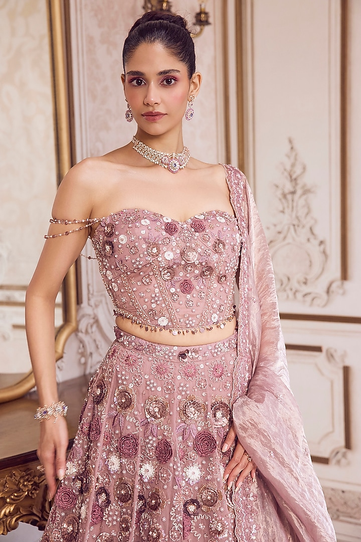 Champagne Rose Pure Silk Organza 3D Floral Hand Embroidered Bridal Lehenga Set by Sanya Gulati at Pernia's Pop Up Shop