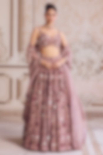 Champagne Rose Pure Silk Organza 3D Floral Hand Embroidered Bridal Lehenga Set by Sanya Gulati at Pernia's Pop Up Shop
