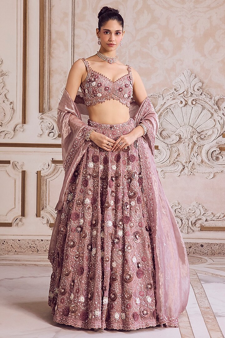 Champagne Rose Pure Silk Organza 3D Floral Hand Embroidered Bridal Lehenga Set by Sanya Gulati at Pernia's Pop Up Shop