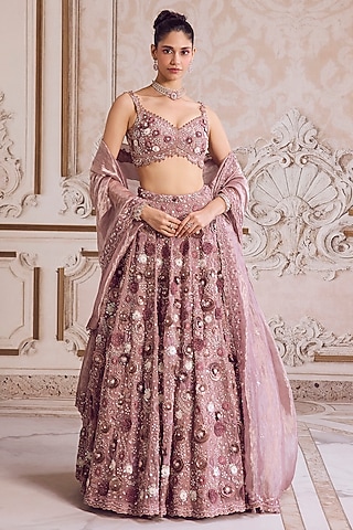 Champagne Rose Pure Silk Organza 3D Floral Hand Embroidered Lehenga Set by Sanya Gulati