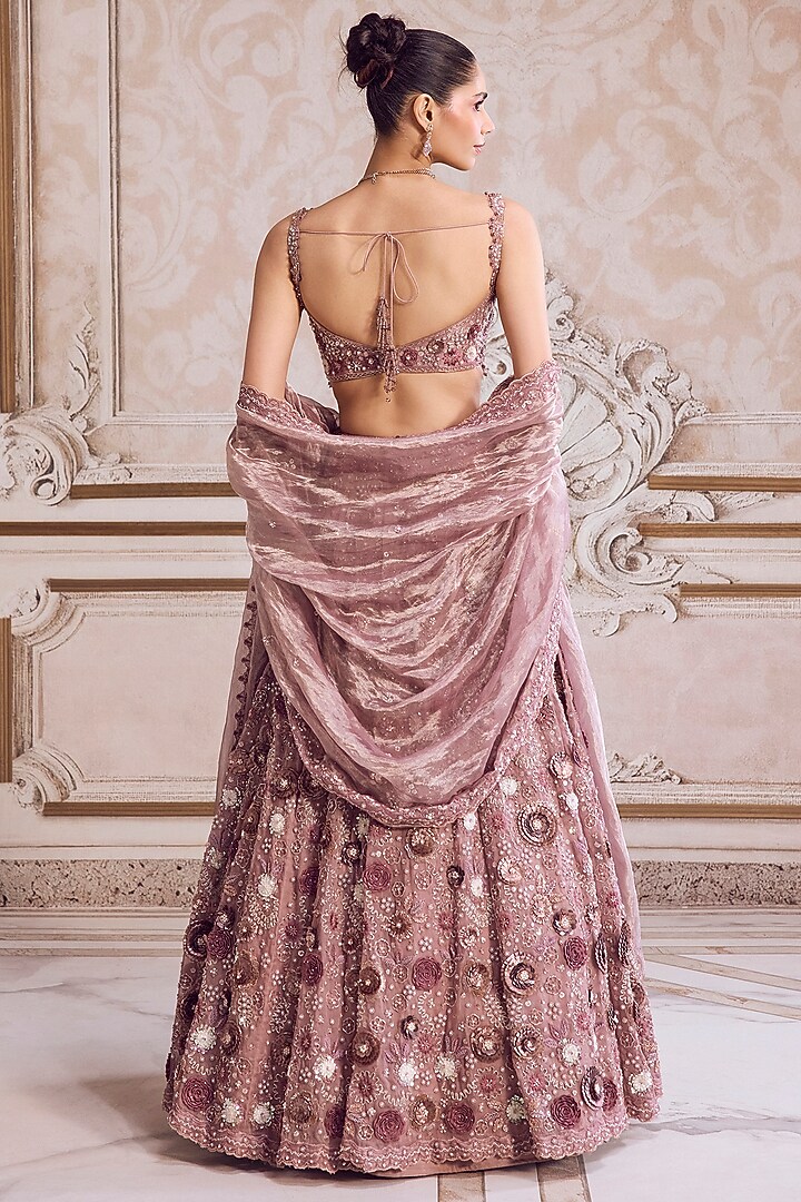 Champagne Rose Pure Silk Organza 3D Floral Hand Embroidered Bridal Lehenga Set by Sanya Gulati at Pernia's Pop Up Shop