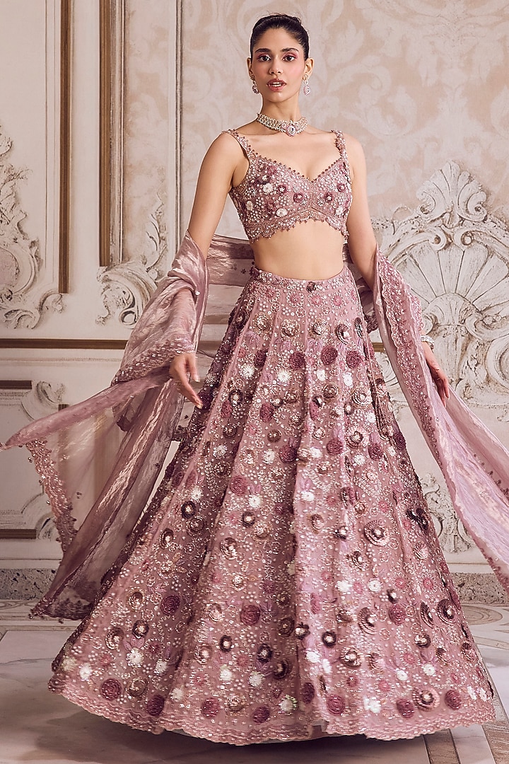 Champagne Rose Pure Silk Organza 3D Floral Hand Embroidered Bridal Lehenga Set by Sanya Gulati at Pernia's Pop Up Shop