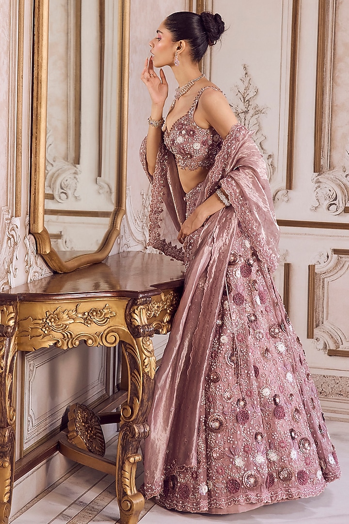 Champagne Rose Pure Silk Organza 3D Floral Hand Embroidered Bridal Lehenga Set by Sanya Gulati at Pernia's Pop Up Shop