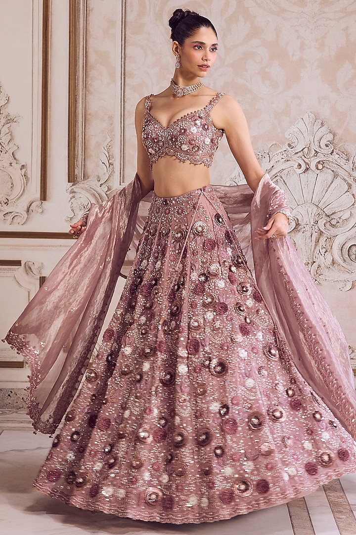 Champagne Rose Pure Silk Organza 3D Floral Hand Embroidered Bridal Lehenga Set by Sanya Gulati at Pernia's Pop Up Shop