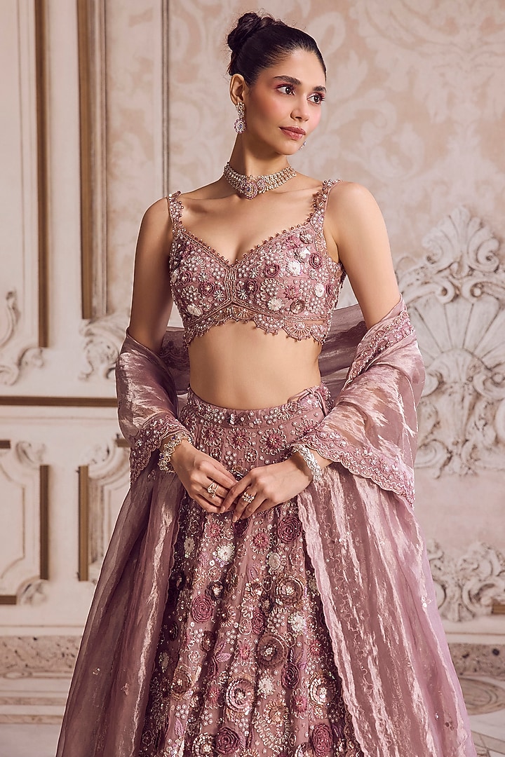 Champagne Rose Pure Silk Organza 3D Floral Hand Embroidered Bridal Lehenga Set by Sanya Gulati at Pernia's Pop Up Shop