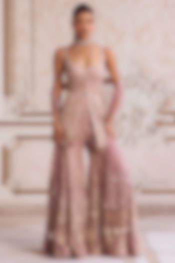 Champagne Rose Pure Silk Organza Embroidered Pant Set by Sanya Gulati at Pernia's Pop Up Shop