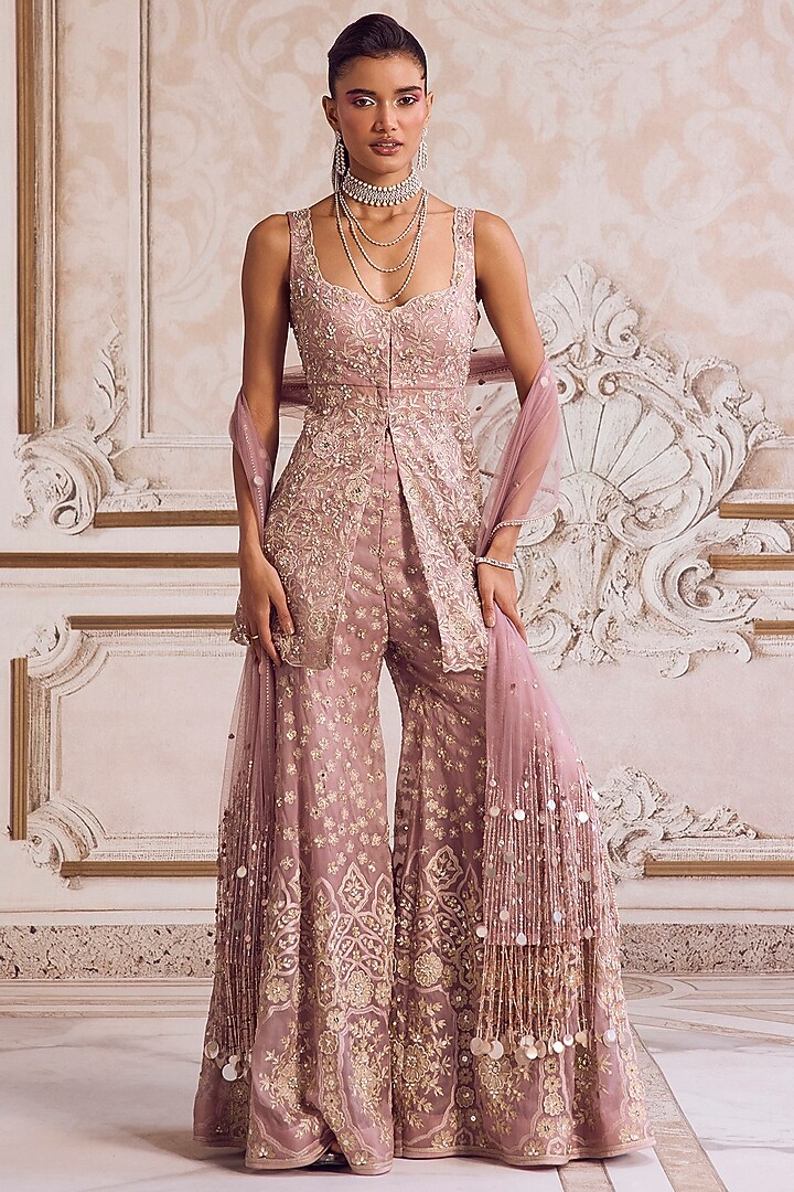 Champagne Rose Pure Silk Organza Embroidered Pant Set by Sanya Gulati at Pernia's Pop Up Shop