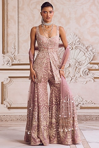 Champagne Rose Pure Silk Organza Embroidered Pant Set by Sanya Gulati