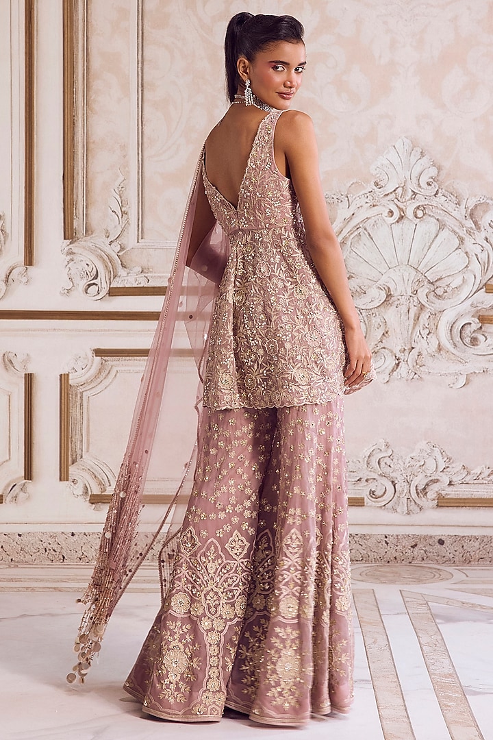 Champagne Rose Pure Silk Organza Embroidered Pant Set by Sanya Gulati at Pernia's Pop Up Shop