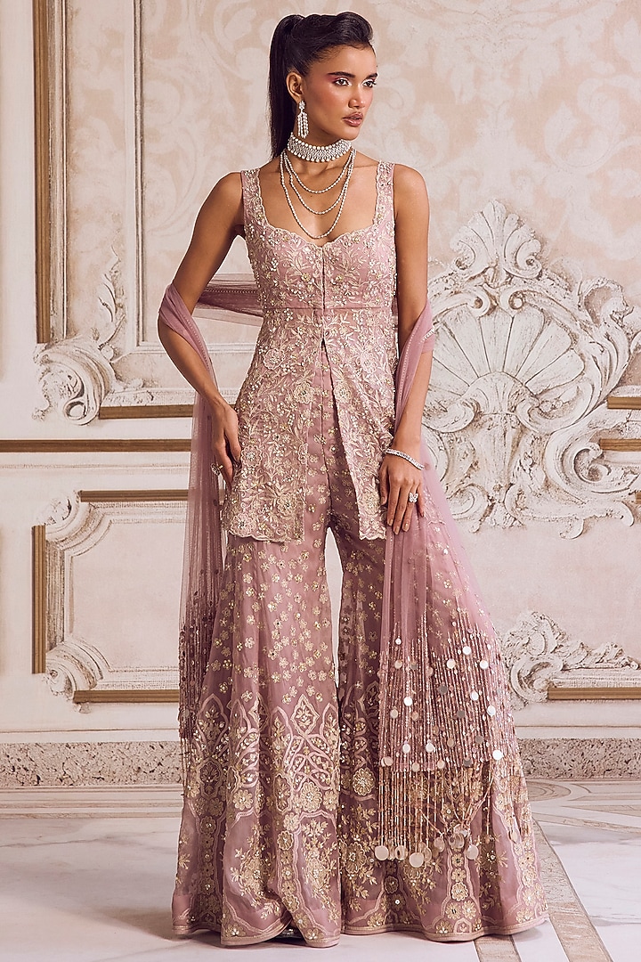 Champagne Rose Pure Silk Organza Embroidered Pant Set by Sanya Gulati at Pernia's Pop Up Shop