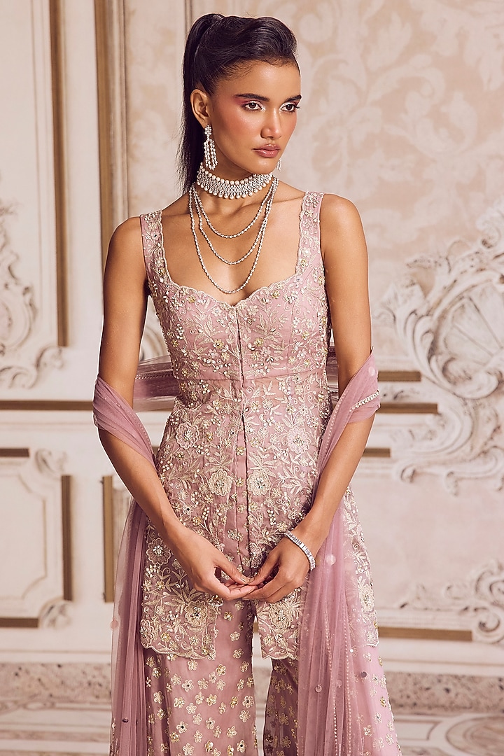 Champagne Rose Pure Silk Organza Embroidered Pant Set by Sanya Gulati at Pernia's Pop Up Shop