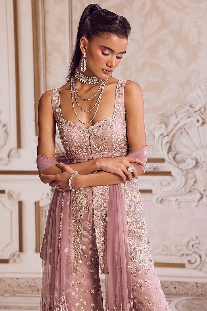 Champagne Rose Pure Silk Organza Embroidered Pant Set by Sanya Gulati at Pernia's Pop Up Shop
