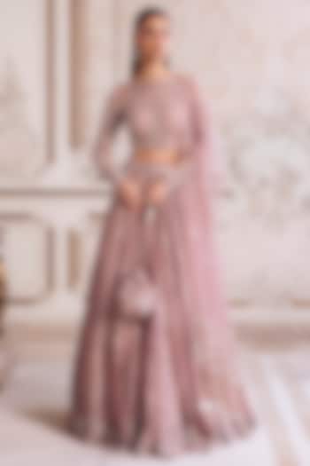 Champagne Rose Pure Silk Organza 3D Floral Hand Embroidered Bridal Lehenga Set by Sanya Gulati at Pernia's Pop Up Shop