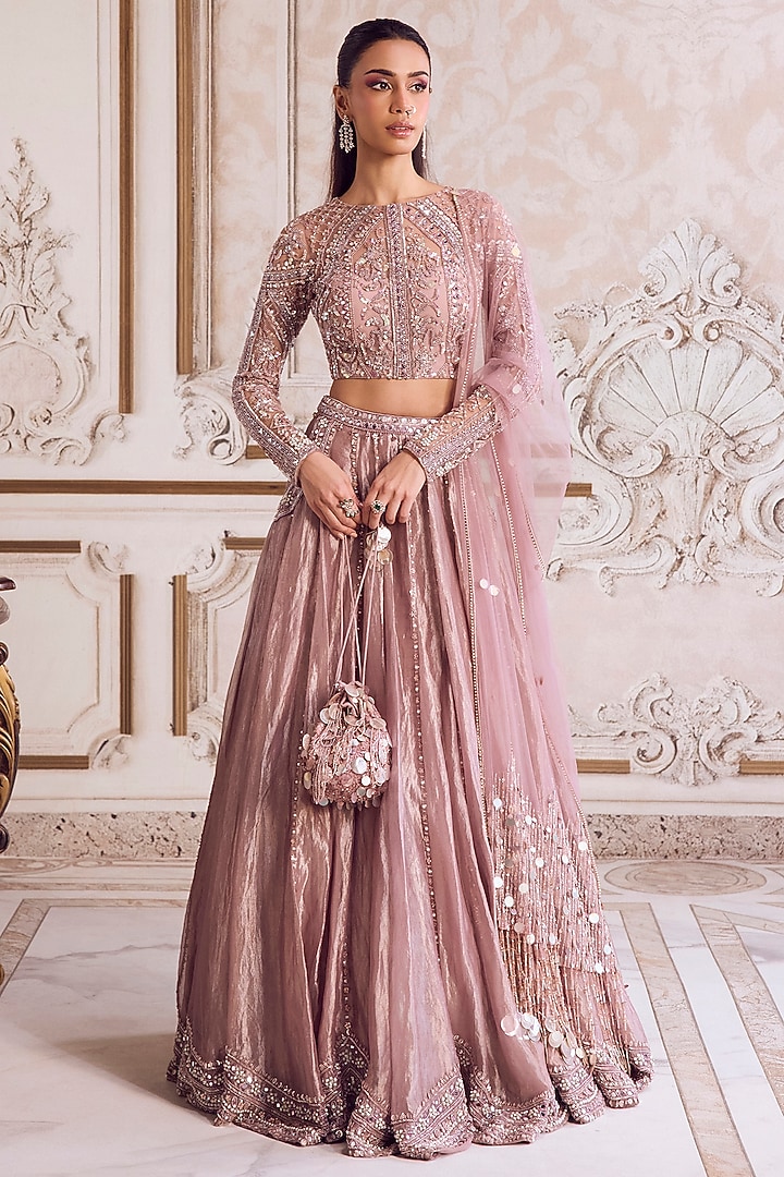 Champagne Rose Pure Silk Organza 3D Floral Hand Embroidered Bridal Lehenga Set by Sanya Gulati at Pernia's Pop Up Shop