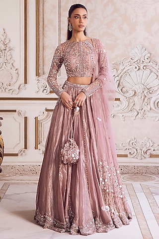 Champagne Rose Pure Silk Organza 3D Floral Hand Embroidered Lehenga Set by Sanya Gulati