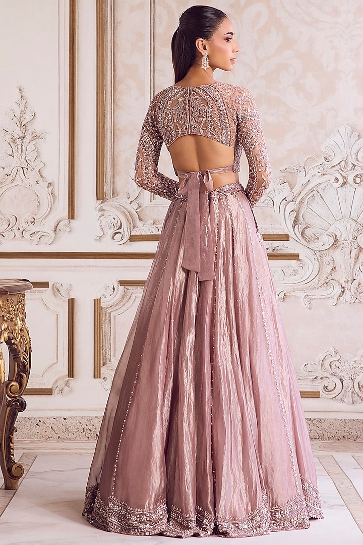 Champagne Rose Pure Silk Organza 3D Floral Hand Embroidered Bridal Lehenga Set by Sanya Gulati at Pernia's Pop Up Shop