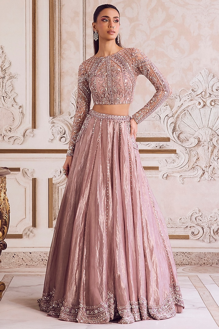 Champagne Rose Pure Silk Organza 3D Floral Hand Embroidered Bridal Lehenga Set by Sanya Gulati at Pernia's Pop Up Shop