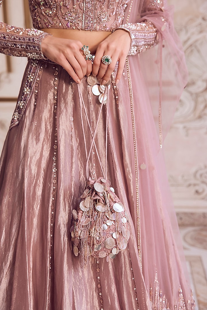 Champagne Rose Pure Silk Organza 3D Floral Hand Embroidered Bridal Lehenga Set by Sanya Gulati at Pernia's Pop Up Shop