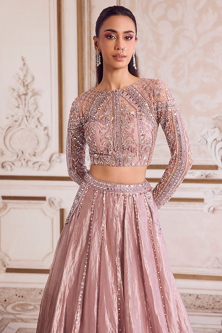 Champagne Rose Pure Silk Organza 3D Floral Hand Embroidered Bridal Lehenga Set by Sanya Gulati at Pernia's Pop Up Shop