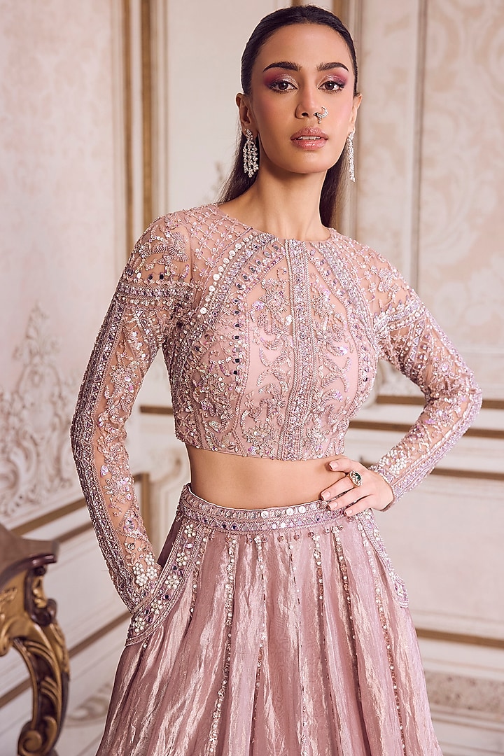 Champagne Rose Pure Silk Organza 3D Floral Hand Embroidered Bridal Lehenga Set by Sanya Gulati at Pernia's Pop Up Shop
