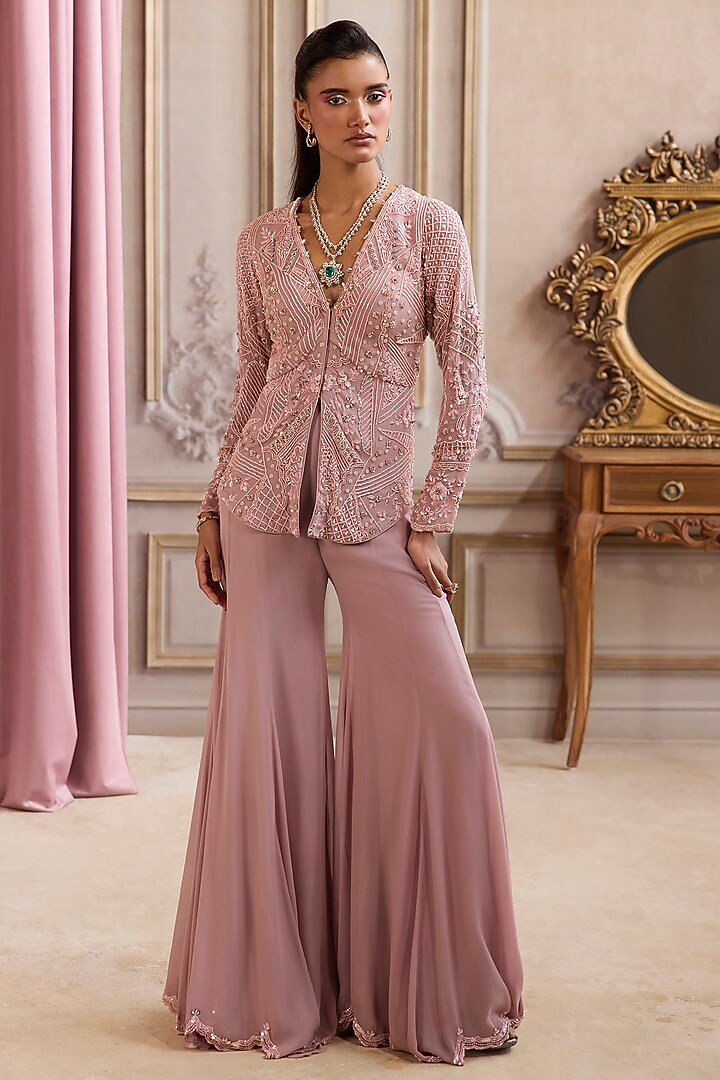 Champagne Rose Georgette Pant Set by Sanya Gulati at Pernia's Pop Up Shop