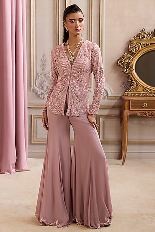 Champagne Rose Georgette Pant Set by Sanya Gulati