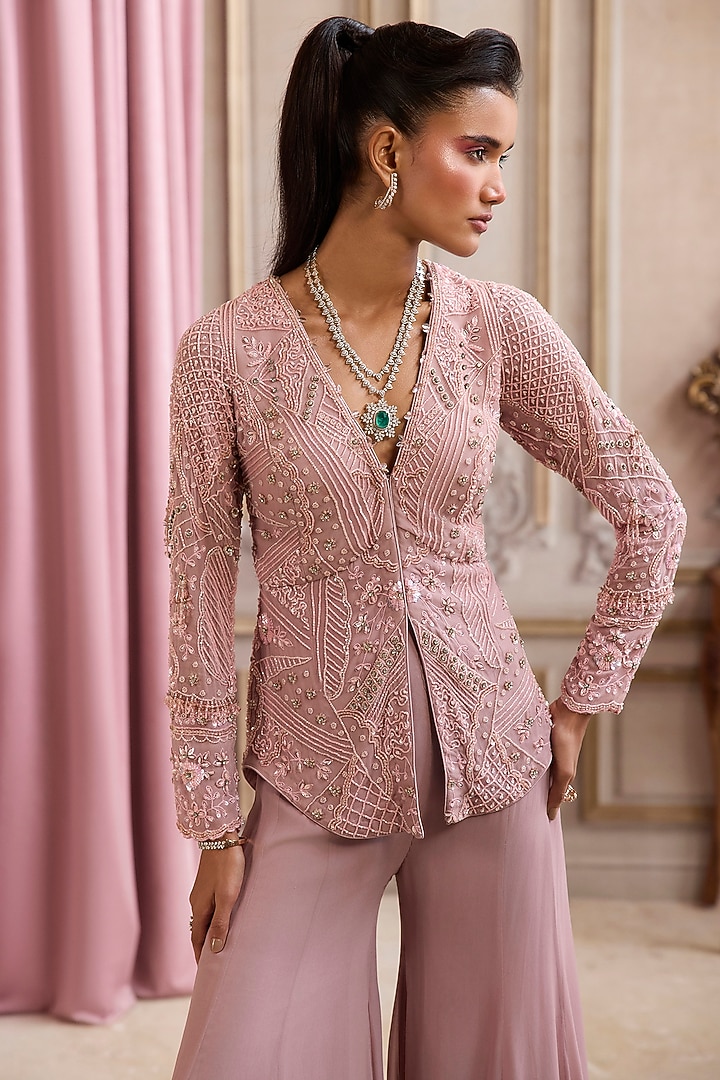 Champagne Rose Georgette Pant Set by Sanya Gulati at Pernia's Pop Up Shop
