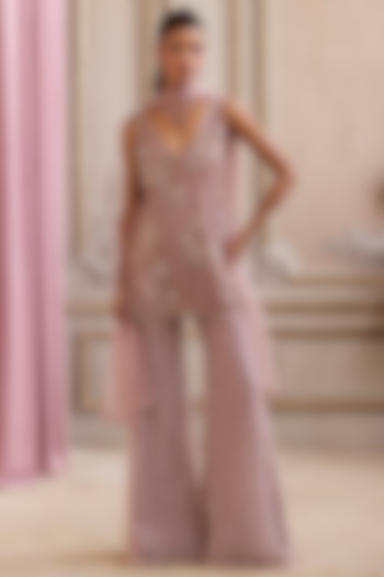 Champagne Rose Net Sequins Embroidered Bridal Sharara Set by Sanya Gulati at Pernia's Pop Up Shop