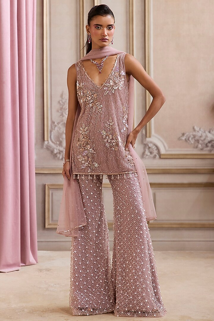 Champagne Rose Net Sequins Embroidered Bridal Sharara Set by Sanya Gulati at Pernia's Pop Up Shop