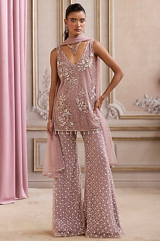 Champagne Rose Net Sequins Embroidered Sharara Set by Sanya Gulati