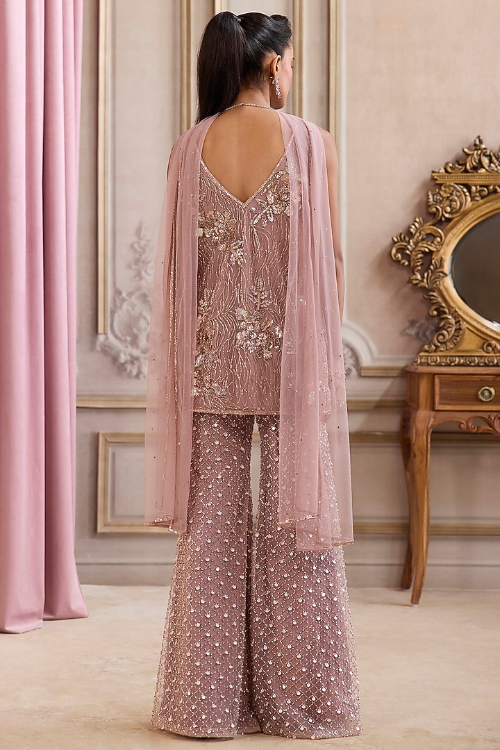 Champagne Rose Net Sequins Embroidered Bridal Sharara Set by Sanya Gulati at Pernia's Pop Up Shop